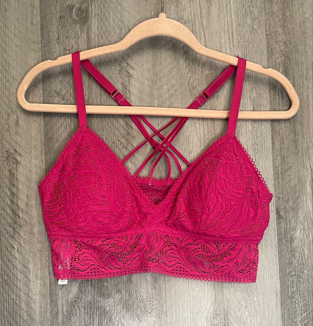 Auden Women’s M Fuchsia Pink Lace Longline Bralette Strappy Back Wireless Bra